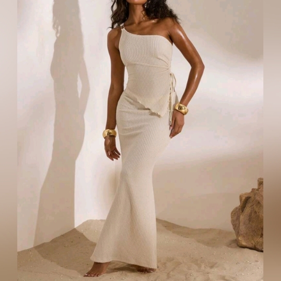 2pcs/Set Women Solid Color Knit Crop Asymmetric Hem One Shoulder Top And Low Wai - Picture 6 of 6